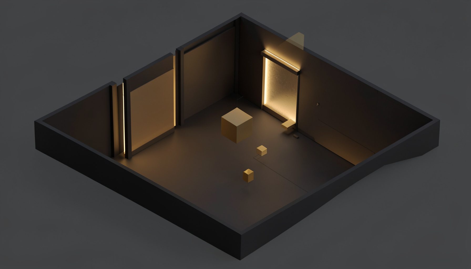 Renderização isométrica 3D de um estúdio digital com superfícies escuras, painéis iluminados em tons âmbar e dourado.