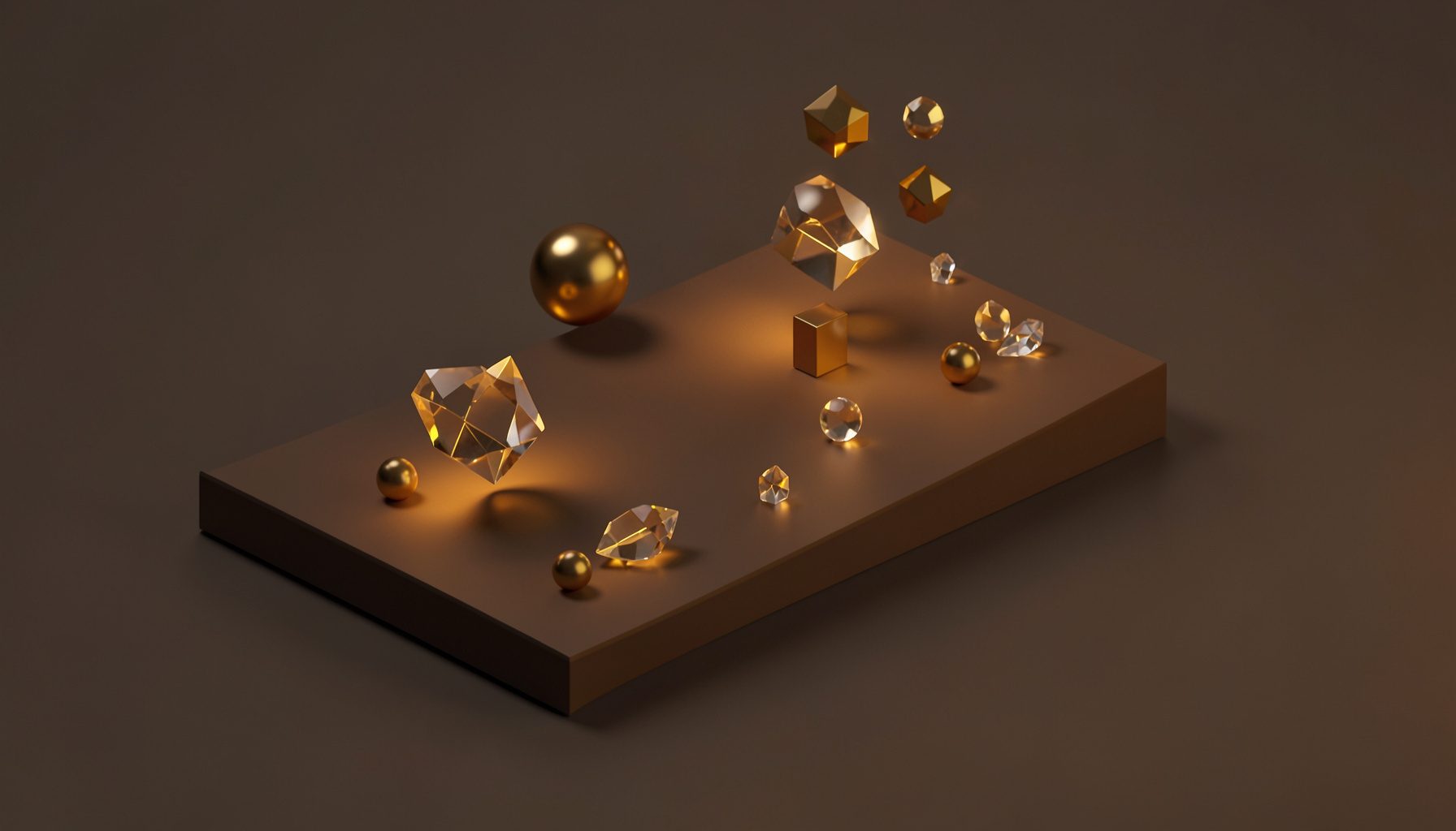 Render isométrico 3D de uma prateleira de marketplace digital com modelos geométricos flutuantes, esferas douradas e criaturas estilizadas em tons âmbar e dourado