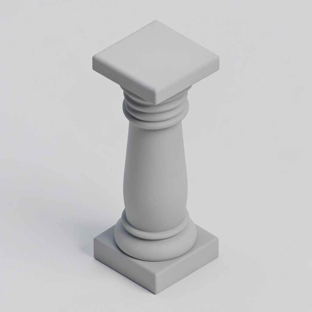 Renderização isométrica 3D de uma balaustrada arquitetônica em tons neutros.