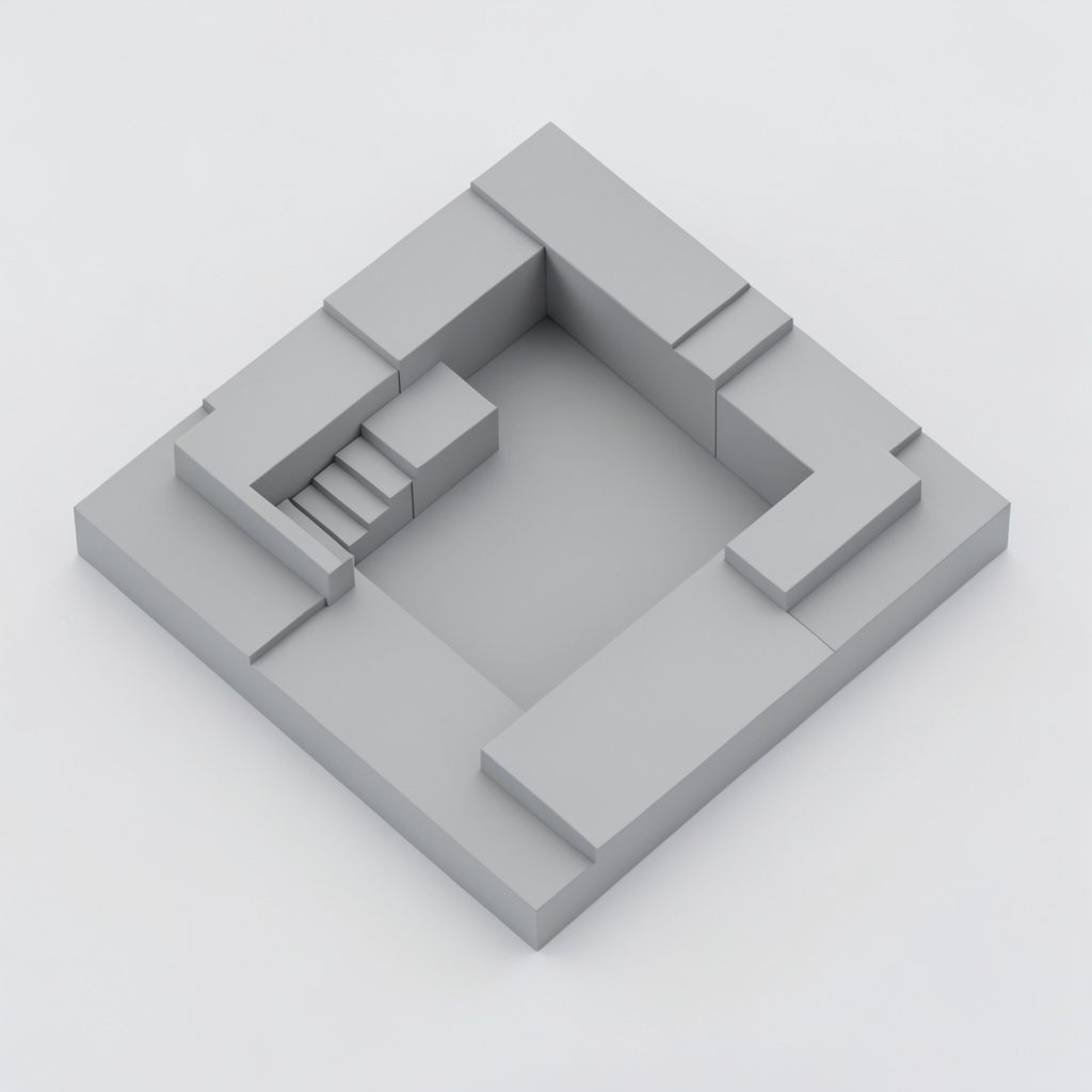 Render isométrico 3D de uma cena arquitetônica digital em tons de dourado e âmbar sobre fundo preto